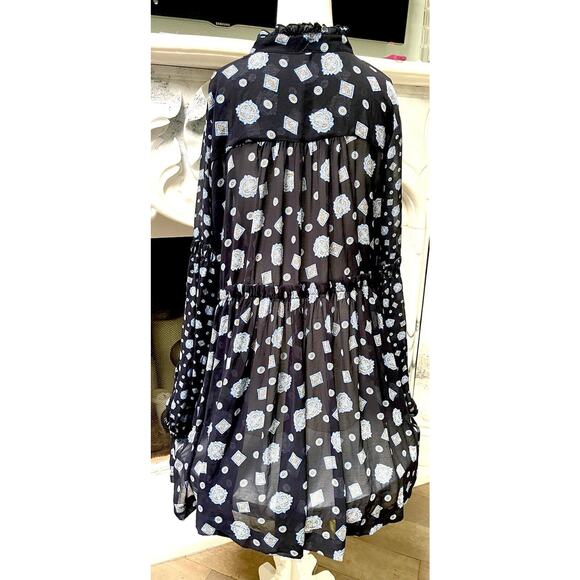Free People black paisley Sheer Mock Neck Mini Dress flare top sz L Black - Picture 2 of 11